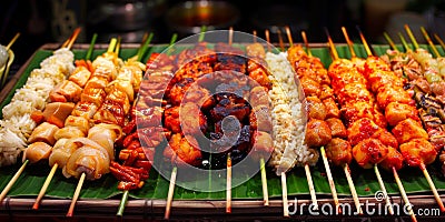 A Gastronomic Array: Skewers of Delight on a Vivid Green Platter. Generative AI Stock Photo