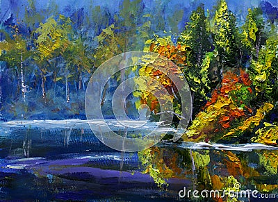 Bright green trees are reflected in the water. Landscape is summer on the water. Nature. River bank. Rural landscape. Original Oil Stock Photo