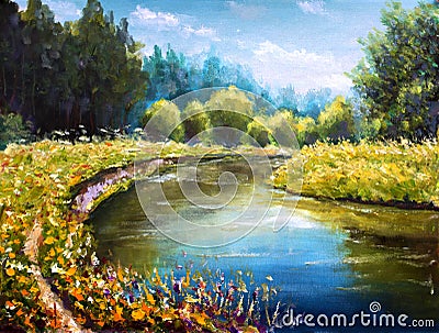 Bright green trees are reflected in water sea. Landscape is summer on water. Nature. River bank. Rural landscape. Original Oil Pai Cartoon Illustration