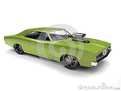 Bright green vintage American muscle car with huge engine block Stock Photo