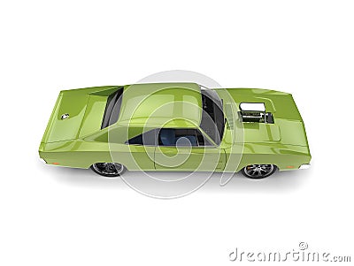 Bright green vintage American muscle car with huge engine block - top down side view Stock Photo