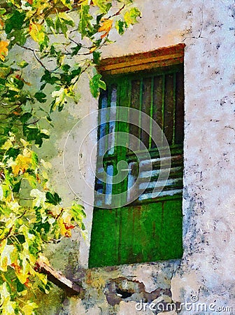 Bright Green Wooden Door on Old Stucco Building, Greece Editorial Stock Photo