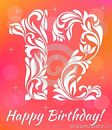 Bright Greeting card Invitation Template. Celebrating 12 years birthday. Decorative Font Vector Illustration