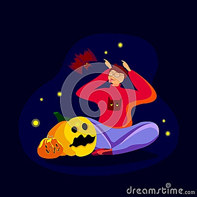 Creative illustration with funny frightening bat boy with evil pumpkin, making horns Vector Illustration