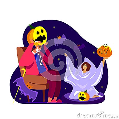 Creative illustration with funny grandfather in evil pumpkin and granddaughter in ghost costume Vector Illustration