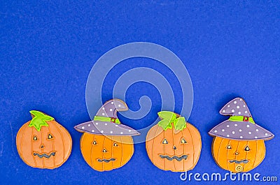 Bright Halloween pumpkin shaped gingerbread cookies. Stock Photo