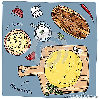 Bright hand drawn illustration of national moldovan food Vector Illustration