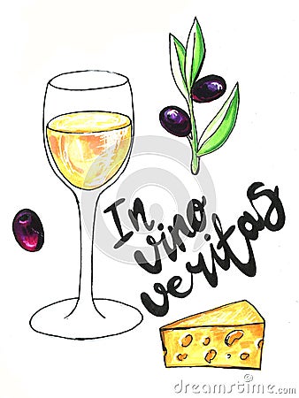 Bright hand drawn watercolor wine design elements in vino veritas - verity in wine. Cheese, olives, glass, lettering Stock Photo