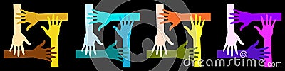 Bright Hands logo. Colorful four hands icon set. Volunteer emblem. Vector Illustration. Vector Illustration