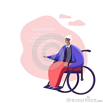 Bright happy Senior lady went for a walk outdoor sitting in her Wheelchair Cartoon Illustration