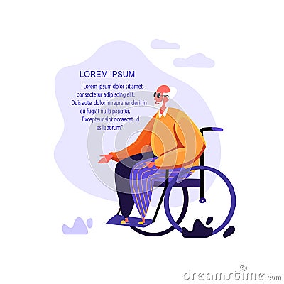 Bright happy Senior man went for a walk outdoor sitting in his Wheelchair Cartoon Illustration