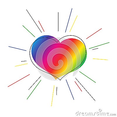 Bright heart of rainbow colors with rays Symbol of love for valentine`s day Decorative element for the design of greeting cardsFl Vector Illustration