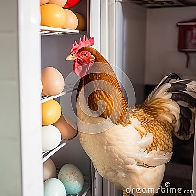 Bright hen looking on colored chicken eggs home refrigerator shelves. Farm at home Stock Photo