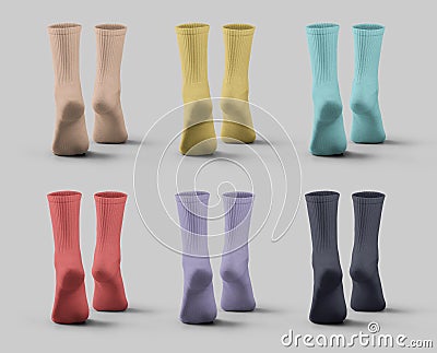 Bright high socks mockup 3D rendering, on tiptoes, back view, for design, print, pattern, branding, set Stock Photo