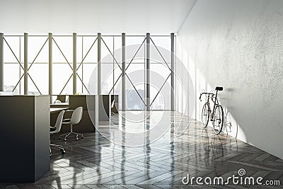 Bright hipster coworking office interior with panoramic window and city view, wooden flooring, sunlight, furniture, equipment and Stock Photo