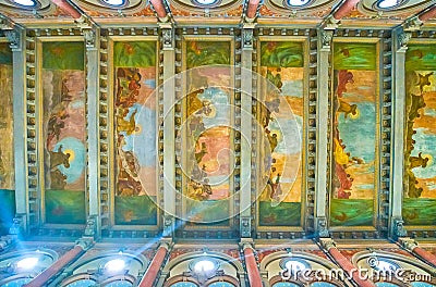 The bright historical frescoes on the ceiling of Basilica of St Antony of Padua depicting scenes of life of the saint, on April 5 Editorial Stock Photo