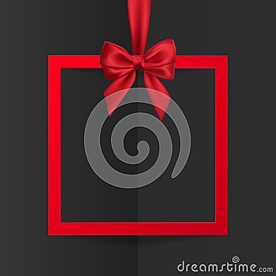 Bright holiday gift box frame banner hanging with red ribbon and silky bow on black background. Vector illustration Vector Illustration