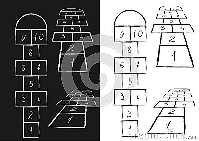 Bright hopscotch template. Vector illustration. Black on white, white on black Vector Illustration