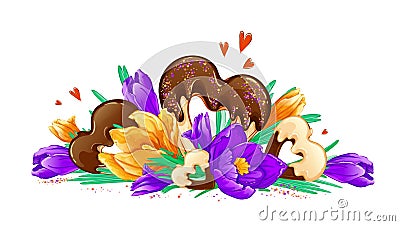 Bright horizontal composition of spring crocuses and chocolate chip cookies. Vector Illustration