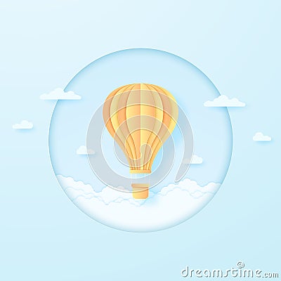 bright hot air balloon flying in the blue sky and cloudscape Vector Illustration