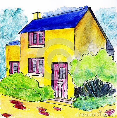 Bright house in watercolor. Cartoon Illustration