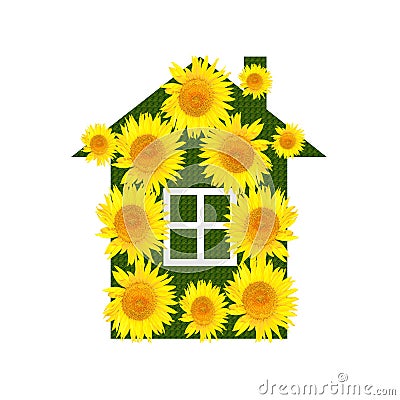 Bright house with yellow sunflowers on a white background Cartoon Illustration