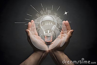 Bright idea depicted by shining lightbulb cradled in human palms, concept of innovation Stock Photo