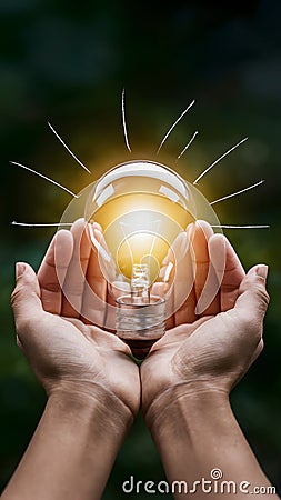 Bright idea depicted by shining lightbulb cradled in human palms, concept of innovation Stock Photo