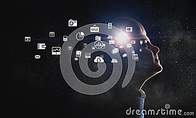 Bright ideas in his head. Mixed media Stock Photo