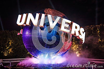 Bright and Illuminated Evening View to the Globe of the Universal Studios Park Editorial Stock Photo