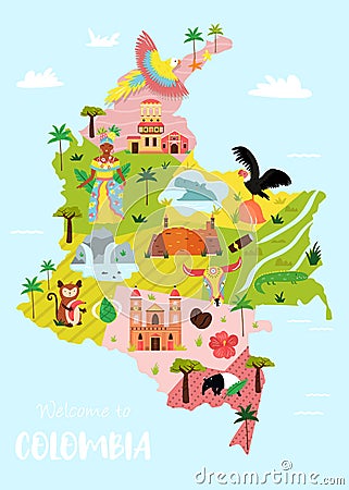 Bright illustrated map of Colombia. Travel banner Vector Illustration