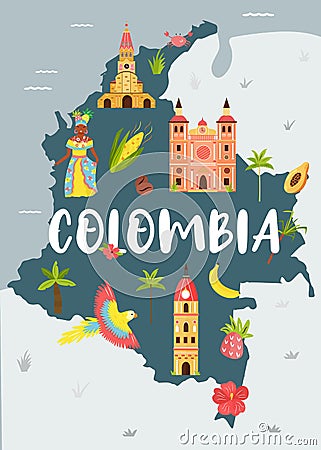 Bright illustrated map of Colombia. Travel banner Vector Illustration