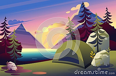 Bright illustration of a camping tent in the woods against the sunset on the lake. Flat 2D flat. Concept for web design Vector Illustration