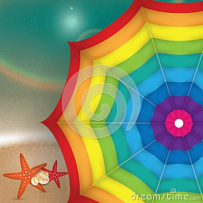 Bright Illustration of a colorful parasol. The sea in the background Vector Illustration
