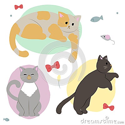 Bright illustration of cute fluffy cats of different colors. Pets that give love Stock Photo