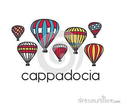 Bright illustration of a famous turkish travel destination Cappadocia and its symbol colorful striped air balloons. Vector Illustration