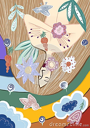 Bright illustration with a naked girl on a background of flowers and a rainbow. Cartoon Illustration