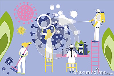 Bright illustration, a vector, a fight between medics and scientists with coronavirus. Collaboration of humans, they study, fight Vector Illustration