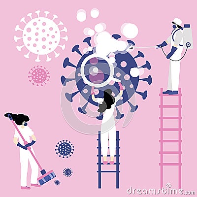 Bright illustration, a vector, a fight between medics and scientists with coronavirus. Collaboration of humans, they study, fight Vector Illustration