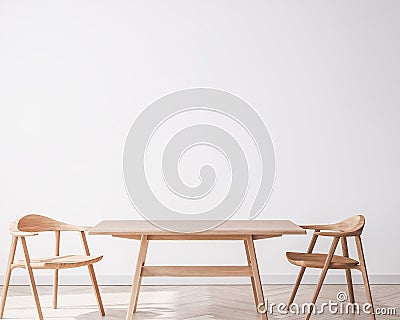 Bright interior dining room with wooden big table and wooden chairs on white wall Stock Photo