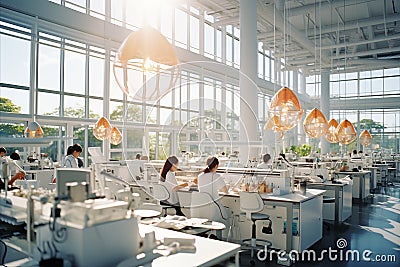 bright interior view of modern sterile laboratory, scientists research viruses Stock Photo