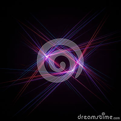 Bright intersecting neon lines create a dynamic geometric pattern on a black Stock Photo
