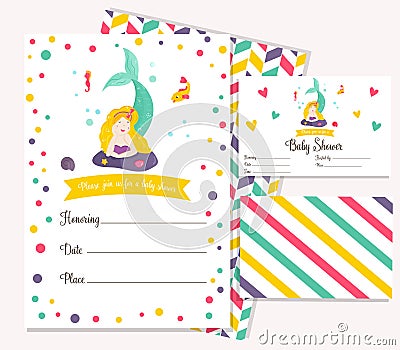 Bright invitation card with cute fairy mermaid. Vector Illustration