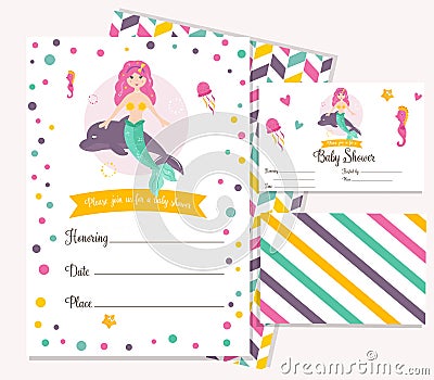 Bright invitation card with cute fairy mermaid Vector Illustration