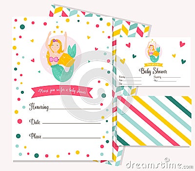 Bright invitation card with cute fairy mermaid Vector Illustration