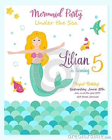 Bright invitation card with cute fairy mermaid Vector Illustration