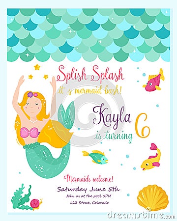 Bright invitation card with cute fairy mermaid Vector Illustration