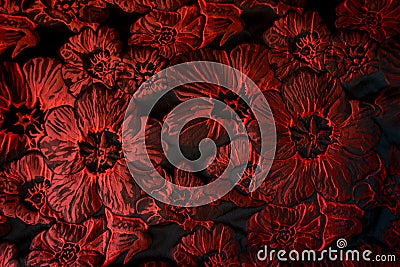 Bright jacquard fabric with floral pattern in black and red Stock Photo