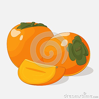 Bright juicy persimmon on grey background. Sweet delicious for your design in cartoon style. Vector illustration. Fruit Vector Illustration