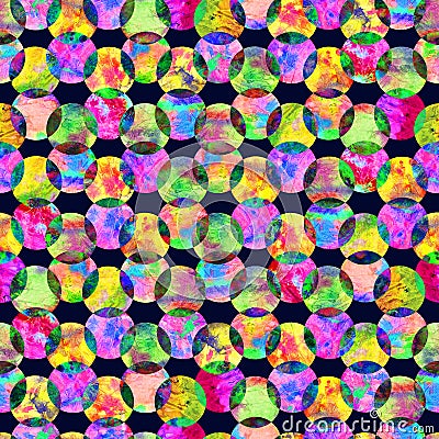 Bright kaleidoscope, montage polka dot abstract grunge colorful splashes texture watercolor seamless pattern in yellow Stock Photo